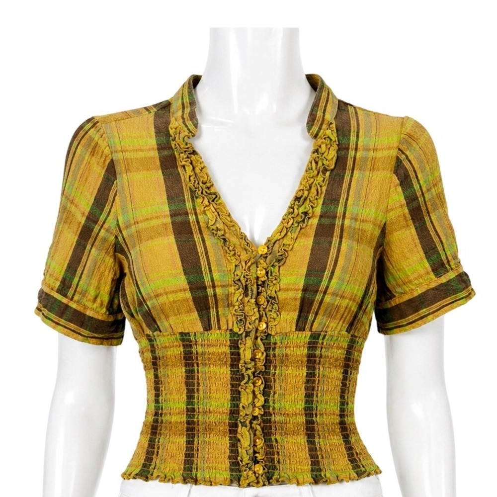 Vintage Y2K Unique Plaid Ruffle Smocked Top Women's Medium